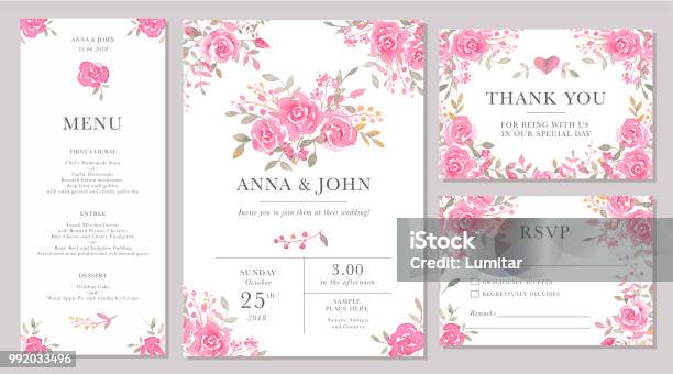 Set Of Wedding Invitation Card Templates With Watercolor Rose Flowers Stock Illustration - Download Image Now