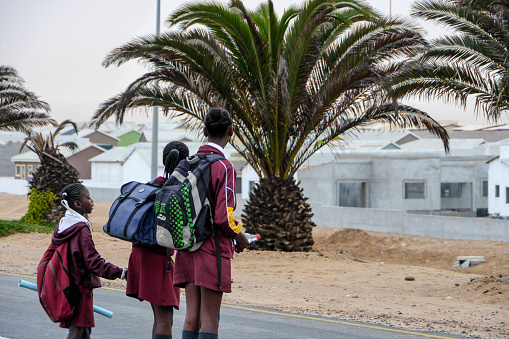Walvis Bay, Namibia July 3, 2018 Children from the township going to school.