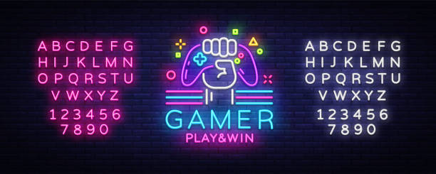 ilustrações, clipart, desenhos animados e ícones de modelo de design do jogador jogar ganhar logo sinal de néon logo vector. logotipo do jogo à noite em neon estilo, gamepad na mão, design de tendência moderna, bandeira de luz, brilhante anúncio. vector. edição de texto néon - gamer