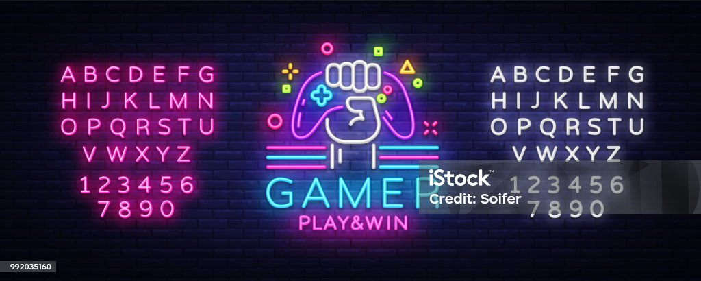 Gamer Play Win logo neon sign Vector logo design template. Game night logo in neon style, gamepad in hand, modern trend design, light banner, bright advertisement. Vector. Editing text neon sign Gamer Play Win logo neon sign Vector logo design template. Game night logo in neon style, gamepad in hand, modern trend design, light banner, bright advertisement. Vector. Editing text neon sign. Gamer stock vector