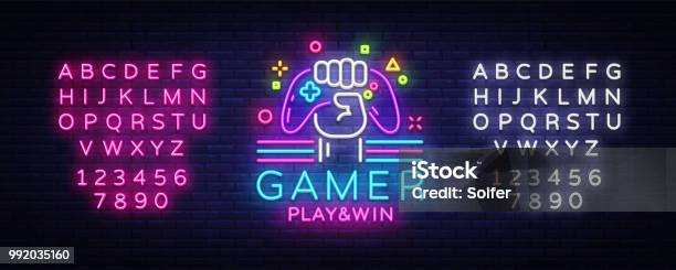 Gamer Play Win Logo Neon Sign Vector Logo Design Template Game Night Logo In Neon Style Gamepad In Hand Modern Trend Design Light Banner Bright Advertisement Vector Editing Text Neon Sign Stock Illustration - Download Image Now