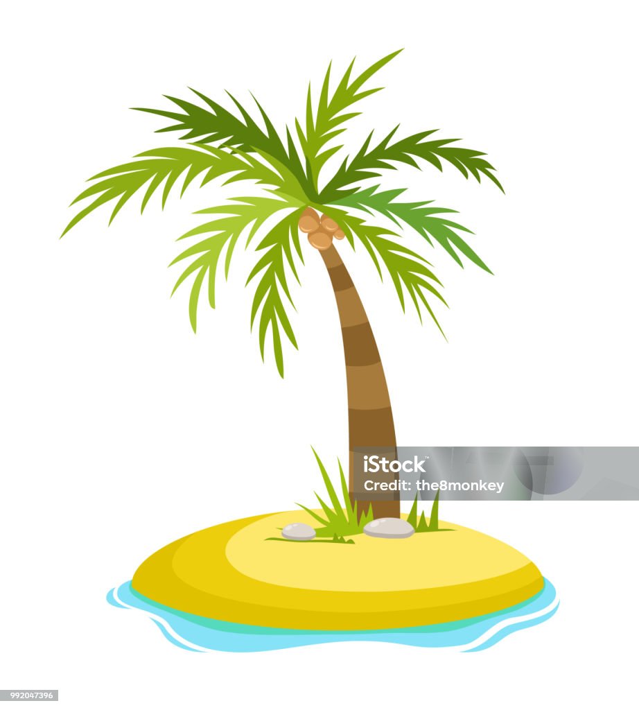 Tropical palm on island with sea waves vector illustration isolated white background. Beach under palm tree. Summer vacation in tropics. Cartoon vector illustration Tropical palm on island with sea waves vector illustration isolated white background. Beach under palm tree. Summer vacation in tropics. Cartoon vector illustration. Abstract stock vector