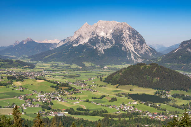 The Mountain Grimming (2,351 m) is an isolated peak in the Dachstein Mountains of Austria and one of the few ultra-prominent mountains of the Alps. Stunning panoramic view at this famous Monolith with the 3000m high Glacier Dachstein in back. Nikon D850. Converted from RAW.