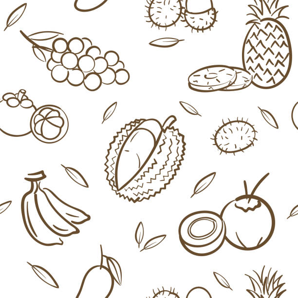 ミックス熱帯のタイの果物のシームレスなパターン背景ベクトル形式手に漫画のスタイルを図面のスケッチ - mangosteen fruit tropical fruit backgrounds点のイラスト素材／クリップアート素材／マンガ素材／アイコン素材