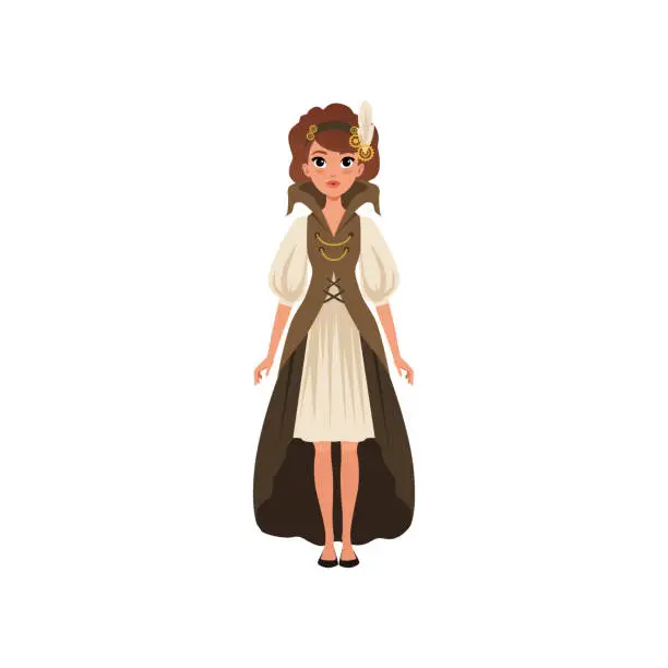 Vector illustration of Beautiful woman in steampunk costume. Young girl in chemise dress with sleeves, long vest and headband with feather and gears. Flat vector