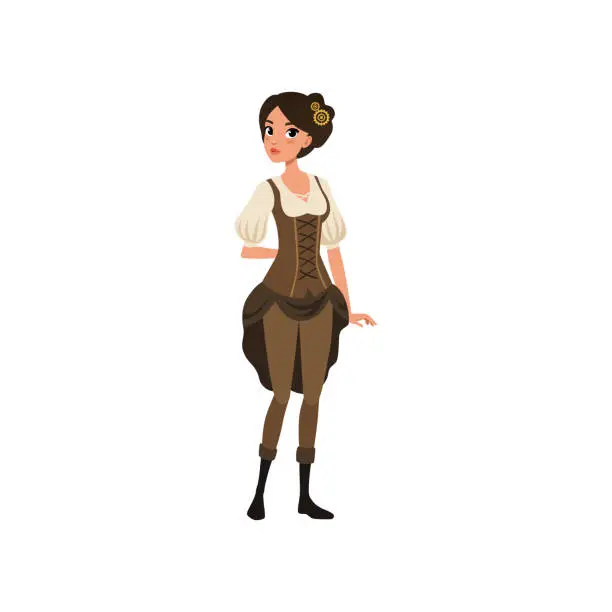 Vector illustration of Young girl in steampunk costume. Woman wearing chemise blouse, pants, corset and boots. Fancy festival dress. Flat vector design