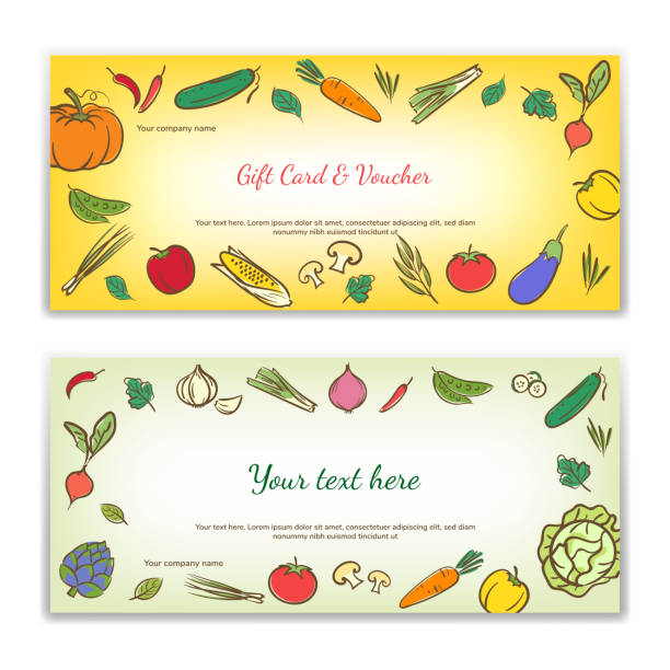Vegetable food theme gift certificate, voucher, gift card or cash coupon template in vector format Vegetable food theme gift certificate, voucher, gift card or cash coupon template in vector format cooking borders stock illustrations