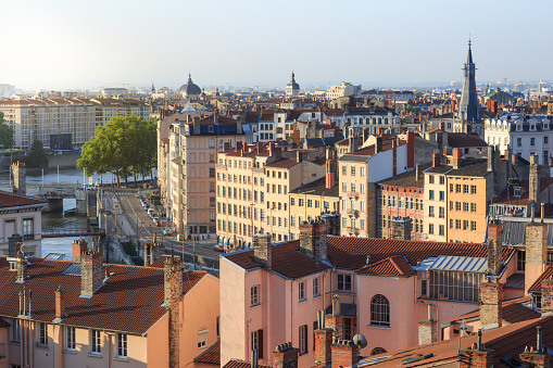 Summer sunrise over Vieux Lyon and Croix Rousse in the French city of Lyon.