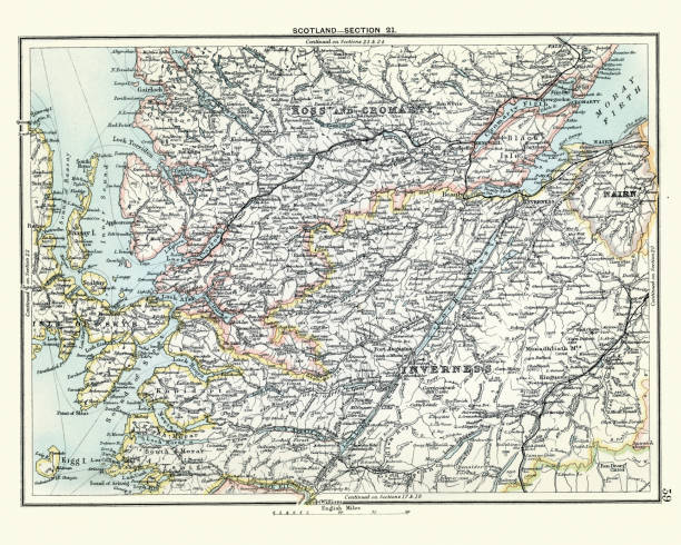 античная карта, шотландия, инвернесс, росс и кромарти 19-го века - inverness area stock illustrations