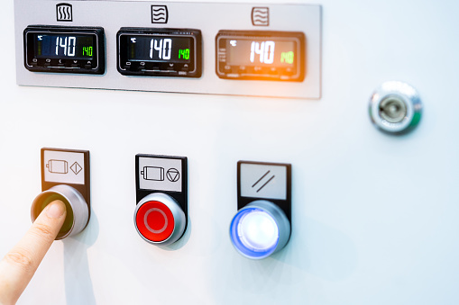 Machine Temperature Controls Engineers Hand Push Green Button To Open Temperature Control Machine ...