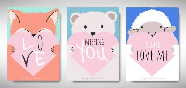 Vector illustration of Set of Valentines day card template design, fox, bear and sheep holding heart with love message, simple pastel  theme
