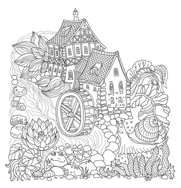 Vector illustration of Vector black and white outline contoured fairy tale landscape, flowers, small fantasy Water Mill building, river, frog and snail on a white background. T shirt print. Adults and children Coloring Book page