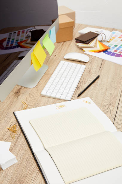istock close up view of designer workplace with computer screen with colorful stickers, notebooks and pallet on wooden tabletop 992102378