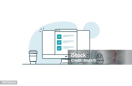 istock Computer with checklist. Workspace with computer, coffee cup, plant and browser with checkboxes. Vector illustration in line art style 992106344