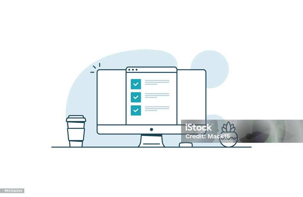 Computer with checklist. Workspace with computer, coffee cup, plant and browser with checkboxes. Vector illustration in line art style Internet stock vector