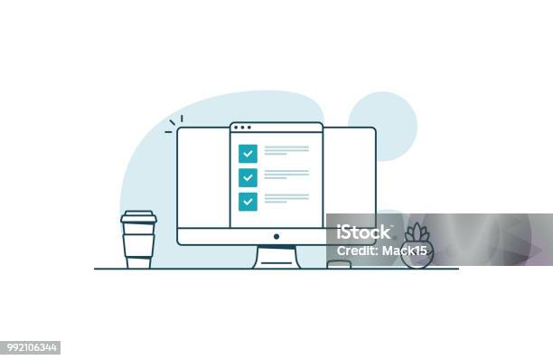 Computer With Checklist Workspace With Computer Coffee Cup Plant And Browser With Checkboxes Vector Illustration In Line Art Style Stock Illustration - Download Image Now