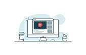 istock Video service concept. Computer with open browser and video player. Vector illustration in line art style 992106588