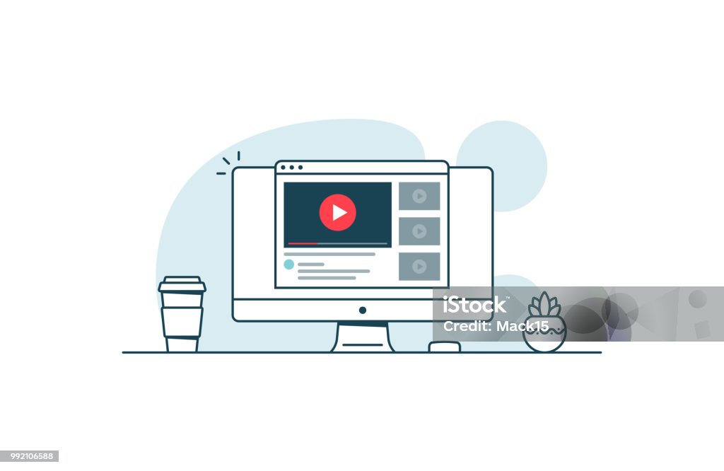 Video service concept. Computer with open browser and video player. Vector illustration in line art style Video Still stock vector