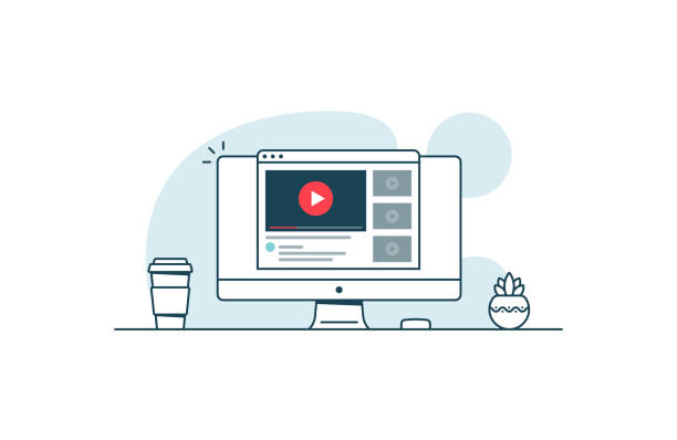 Video service concept. Computer with open browser and video player. Vector illustration in line art style Video service concept. Computer with open browser and video player. Vector illustration in line art style television industry illustrations stock illustrations