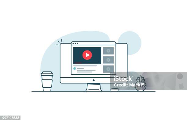 Video Service Concept Computer With Open Browser And Video Player Vector Illustration In Line Art Style Stock Illustration - Download Image Now