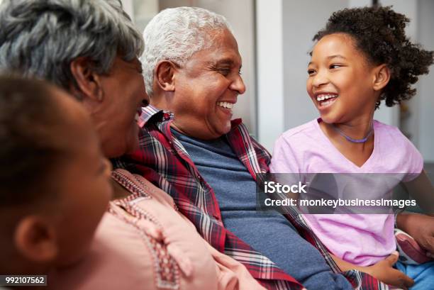 Großeltern Zu Hause Auf Sofa Mit Enkelinnen Entspannend Stockfoto und mehr Bilder von Familie