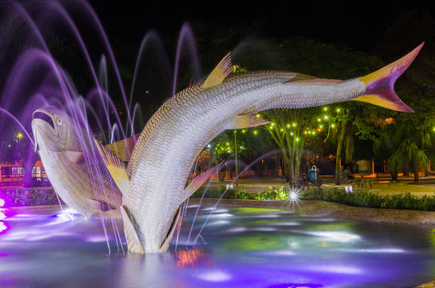Dolphin statue fountain roundabout at Institute building Marine Aquarium and Science of Burapha University for thai people travelers travel visit at Bangsaen on December 28, 2022 in Chonburi Thailand