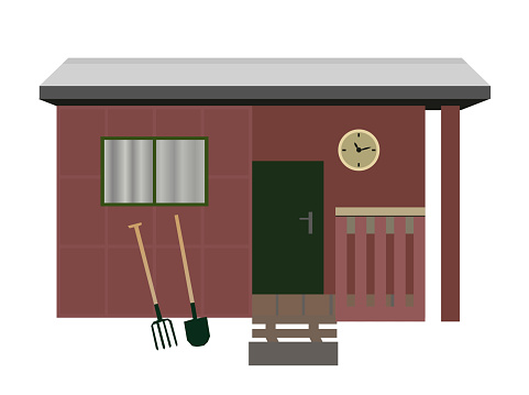 Vector old garden shed with tools (spade and shovel) isolated on the white background