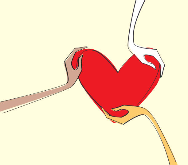 Different skin color human hands holding love symbol red heart vector art illustration