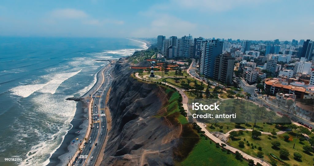 Panoramic aerial view of Miraflores town in Lima, Peru. Panoramic aerial view of Miraflores town in Lima, Peru Lima - Peru Stock Photo