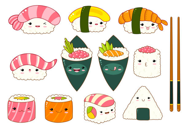 ilustrações de stock, clip art, desenhos animados e ícones de set of cute sushi and rolls icons in kawaii style - japanese cuisine temaki sashimi sushi