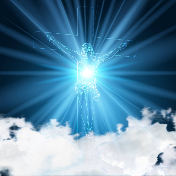 istock Glowing blue jesus pinned to a crucifix on light blue sky and clouds as Christianity Church background concept, vector illustration 992204022