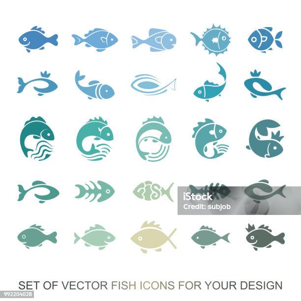 Set Of Graphic Insulating Fish Variety Of Marine And Freshwater Residents For Menu Restaurants Vector Collection Of Icons And Illustrations Stock Illustration - Download Image Now