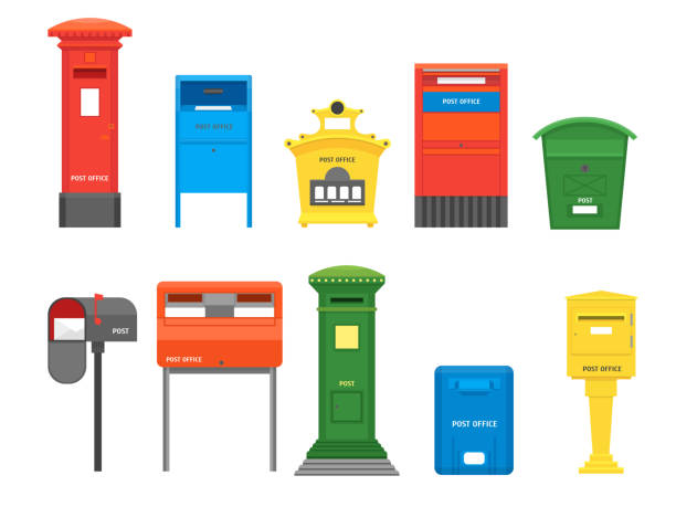 Cartoon Color Mail Box Set. Vector Cartoon Color Mail Box Set Post Concept Flat Design Style Symbol of Delivery Letter. Vector illustration of Mailbox post office stock illustrations