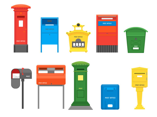Cartoon Color Mail Box Set. Vector Cartoon Color Mail Box Set Post Concept Flat Design Style Symbol of Delivery Letter. Vector illustration of Mailbox mail box stock illustrations