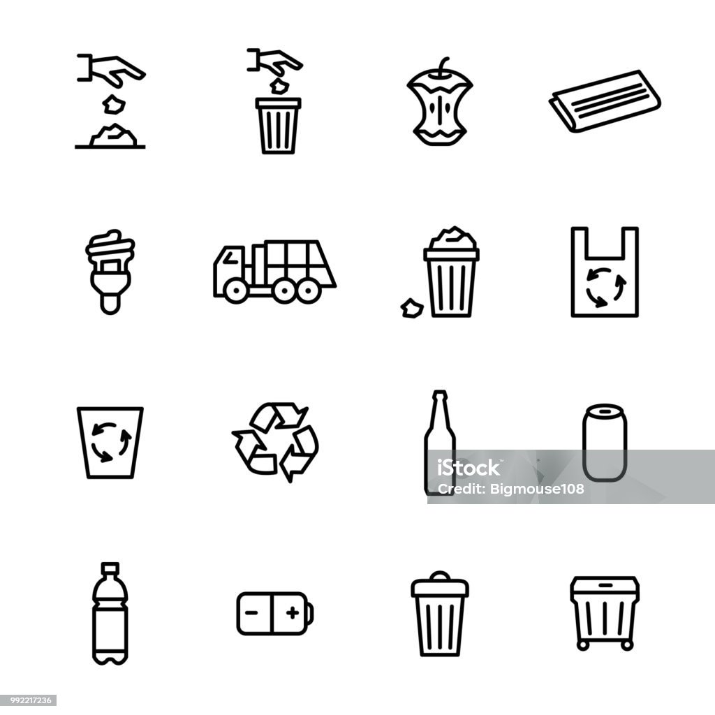 Trash Garbage Related Signs Black Thin Line Icon Set. Vector Trash Garbage Related Black Thin Line Icon Set Include of Lamp, Bag and Glass Bottle. Vector illustration of Icons Garbage stock vector