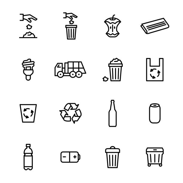 Trash Garbage Related Signs Black Thin Line Icon Set. Vector Trash Garbage Related Black Thin Line Icon Set Include of Lamp, Bag and Glass Bottle. Vector illustration of Icons black trash bin stock illustrations