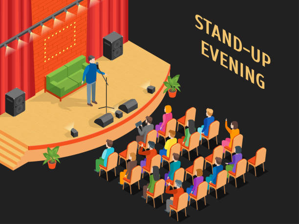 ilustraciones, imágenes clip art, dibujos animados e iconos de stock de vista isométrica show stand-up escenario y auditorio. vector de - curtain red stage theater stage