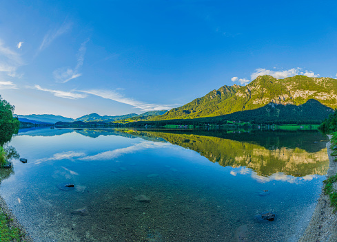 panoramic view of the Hallstatt mountain lake, Austria