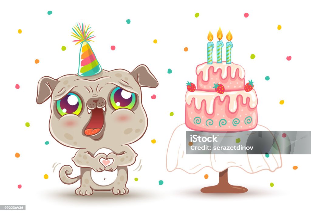 Cute Dog In Birthday Hat Stock Illustration - Download Image Now - Cake,  Kawaii, Animal - iStock