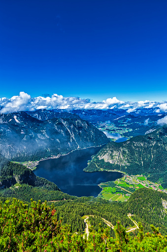 panoramic view from Dachstein to the Hallstatt mountain lake, Austria