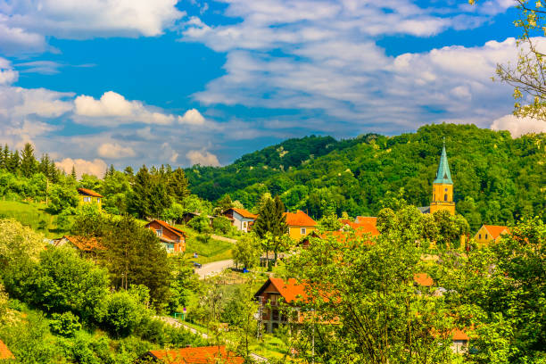 Aerial scenic view at colorful landscape in Zagorje region, Desinic village.