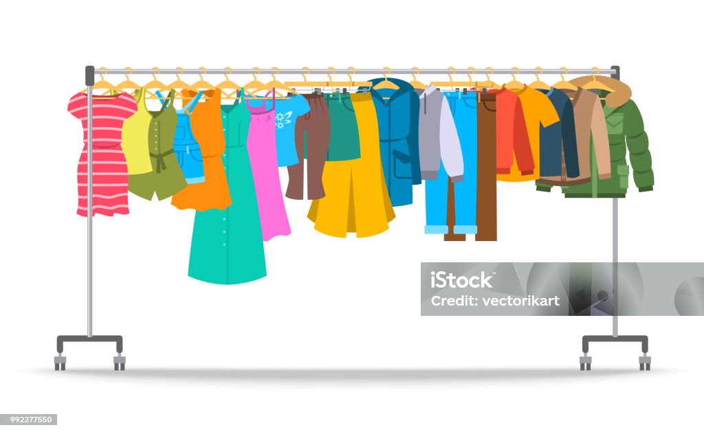 Men and women casual clothes on hanger rack Men and women casual clothes on hanger rack. Flat style vector illustration. Male and female apparel hanging on shop rolling display stand. New fashion collection. Seasonal sale concept Clothing stock vector