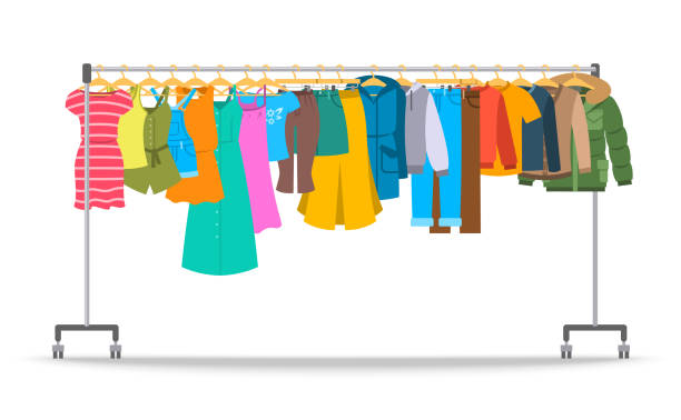 Men and women casual clothes on hanger rack Men and women casual clothes on hanger rack. Flat style vector illustration. Male and female apparel hanging on shop rolling display stand. New fashion collection. Seasonal sale concept hanging fabric stock illustrations