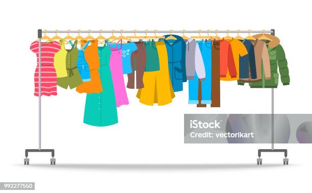 Men And Women Casual Clothes On Hanger Rack Stock Illustration - Download Image Now - Clothing, Hanging, Coathanger