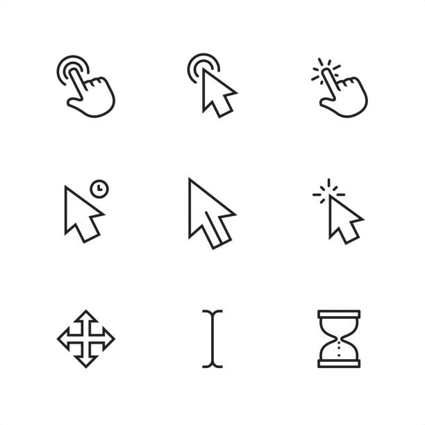Cursor - Pixel Perfect outline icons Cursor / 9 Outline style black and white icons / Set #17

First row of outline icons contains: 
Double tap, Double click, Tap;

Second row contains: 
Long click, Mouse pointer, Click;

Third row contains: 
Drag (all-scroll), Type cursor, Wait hourglass cursor.

Pixel Perfect Principle - all the icons are designed in 64x64 px grid, outline stroke 2 px.

Complete Outline 3x3 PRO collection - https://www.istockphoto.com/collaboration/boards/hyo8kGplAEWxASfzDWET0Q mouse stock illustrations