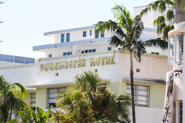 Miami Beach, USA - November 17 2017: Classic Miami Beach hotels signs. Art deco style in the heart of Miami. Dorchester hotel. stock photo