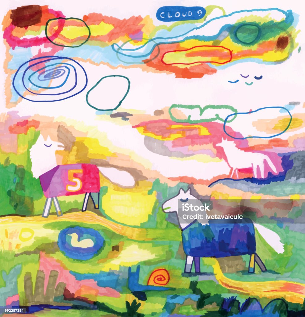 Family of horses in the field Hand coloured drawn horses in the field. Semi abstract landscape with horses wearing weather coats/macs Felt Tip Pen stock vector