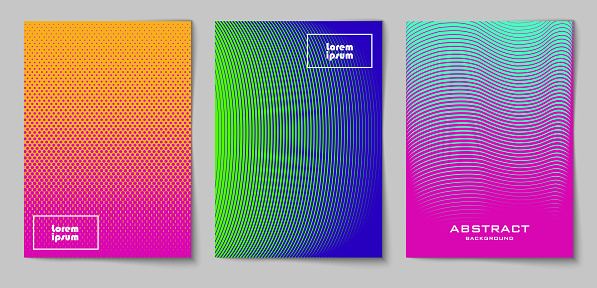 Set of vertical abstract backgrounds with halftone pattern in neon colors. Collection of gradient textures with geometric ornament. Design template of flyer, banner, cover, poster in A4 size. Vector
