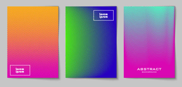 Set of vertical halftone backgrounds 3 Set of vertical abstract backgrounds with halftone pattern in neon colors. Collection of gradient textures with geometric ornament. Design template of flyer, banner, cover, poster in A4 size. Vector bright spot stock illustrations