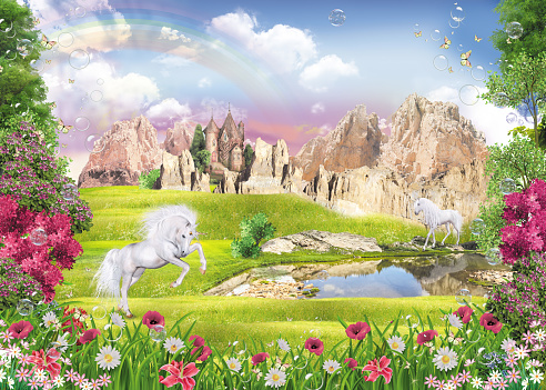 A fabulous picture with a unicorn and a magical castle by the lake. Wall murals for girls in good quality